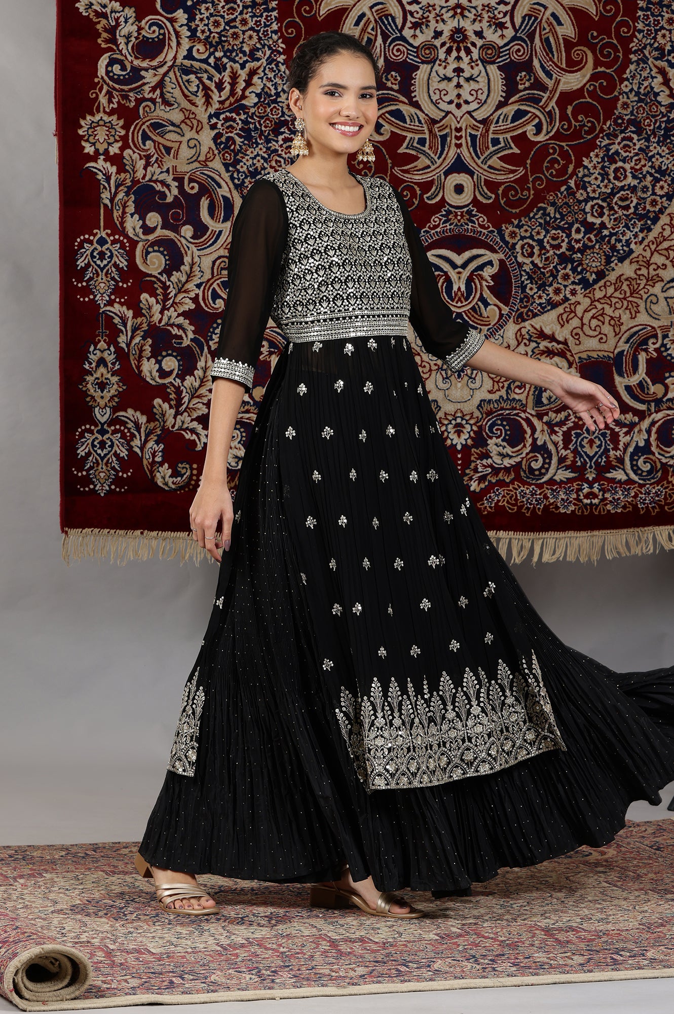 Black Zari Embroidered Flared Kurta, Pleated Skirt and Dupatta Set