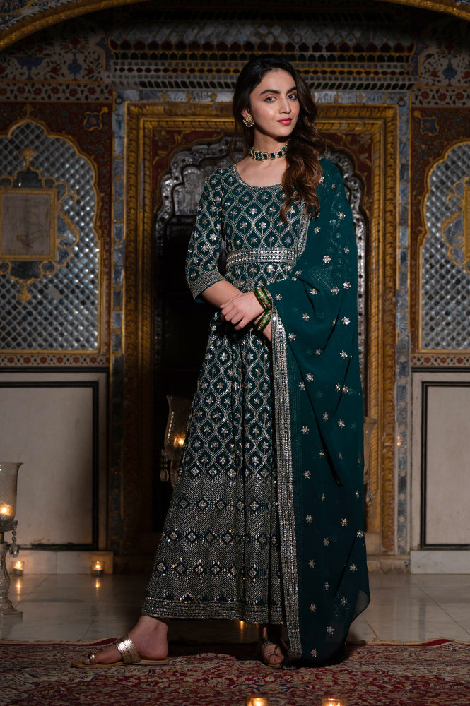 Dark Green Zari Embroidered Flared Ethnic Dress and Dupatta Set