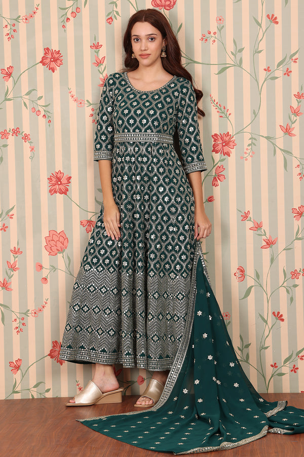 Dark Green Zari Embroidered Flared Ethnic Dress and Dupatta Set