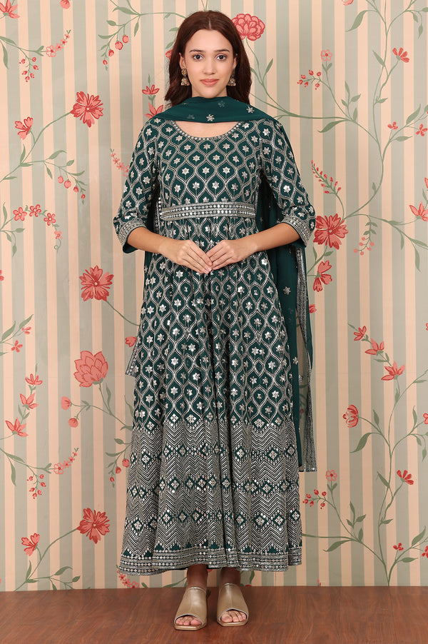 Dark Green Zari Embroidered Flared Ethnic Dress and Dupatta Set