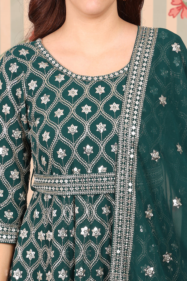 Dark Green Zari Embroidered Flared Ethnic Dress and Dupatta Set