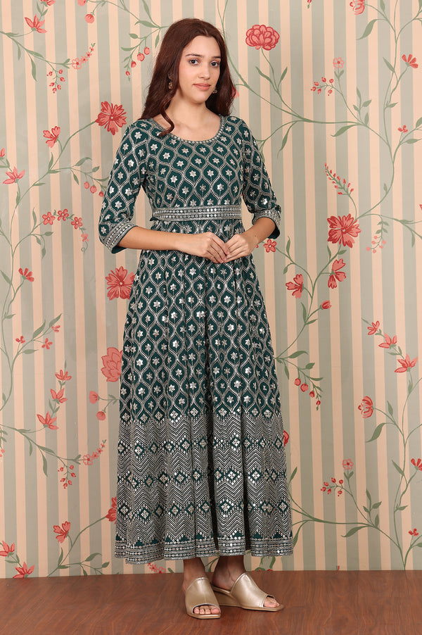 Dark Green Zari Embroidered Flared Ethnic Dress and Dupatta Set