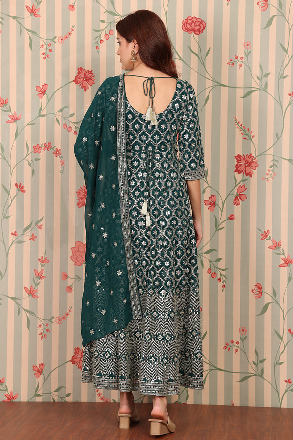 Dark Green Zari Embroidered Flared Ethnic Dress and Dupatta Set