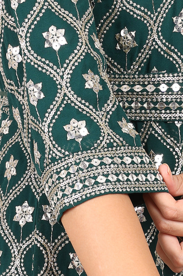 Dark Green Zari Embroidered Flared Ethnic Dress and Dupatta Set