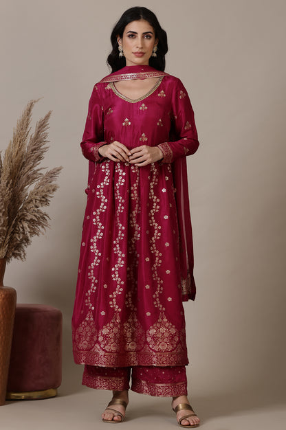 Magenta Pink Naira Cut Embellished Jacquard A-line Kurta, Palazzo and Dupatta Set