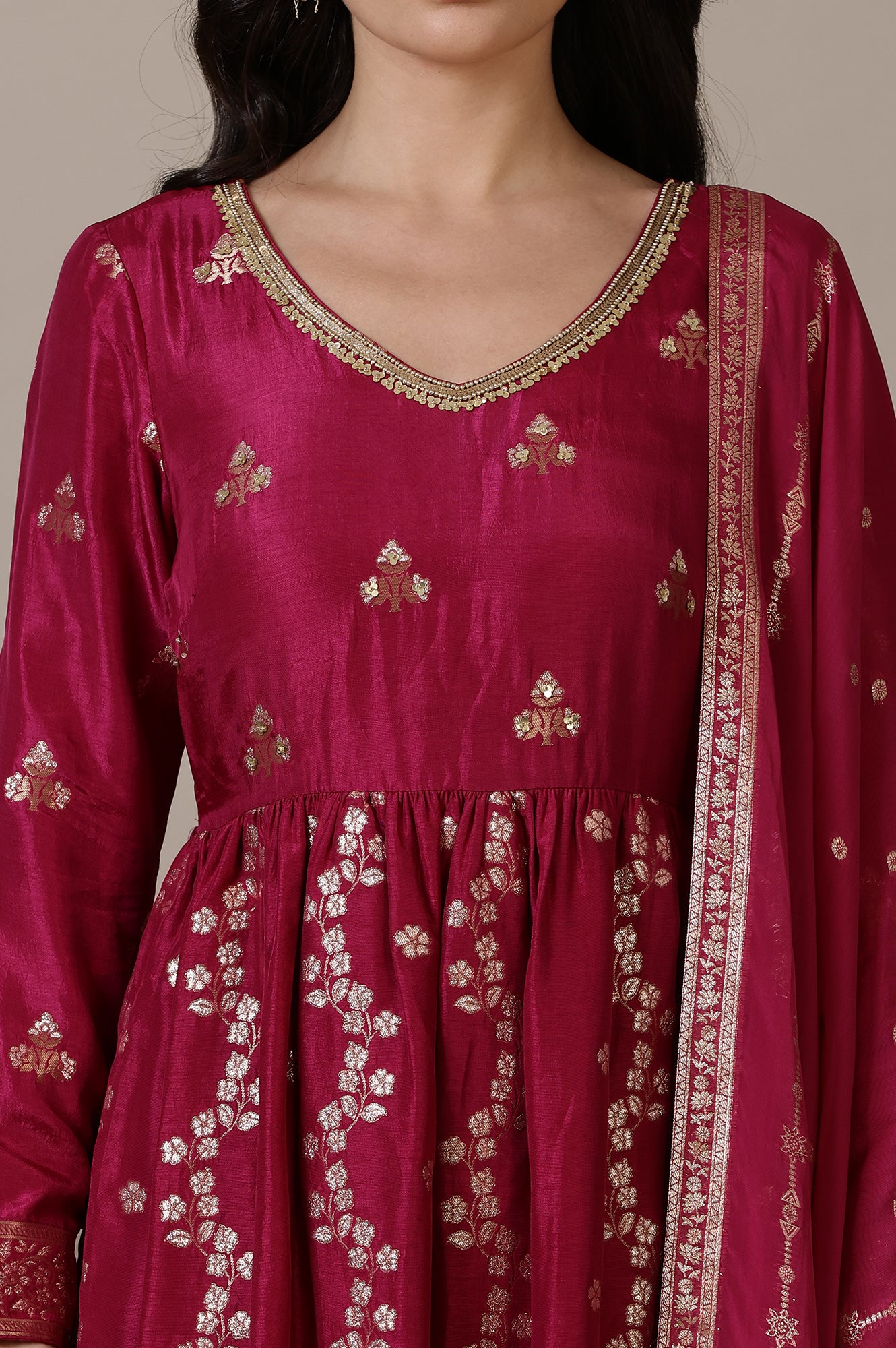 Magenta Pink Naira Cut Embellished Jacquard A-line Kurta, Palazzo and Dupatta Set