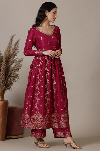 Magenta Pink Naira Cut Embellished Jacquard A-line Kurta, Palazzo and Dupatta Set