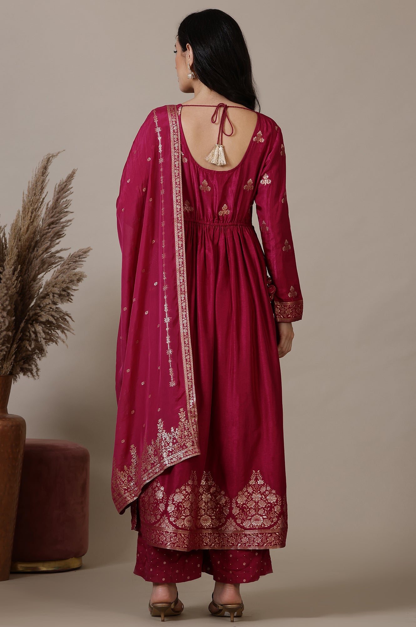 Magenta Pink Naira Cut Embellished Jacquard A-line Kurta, Palazzo and Dupatta Set