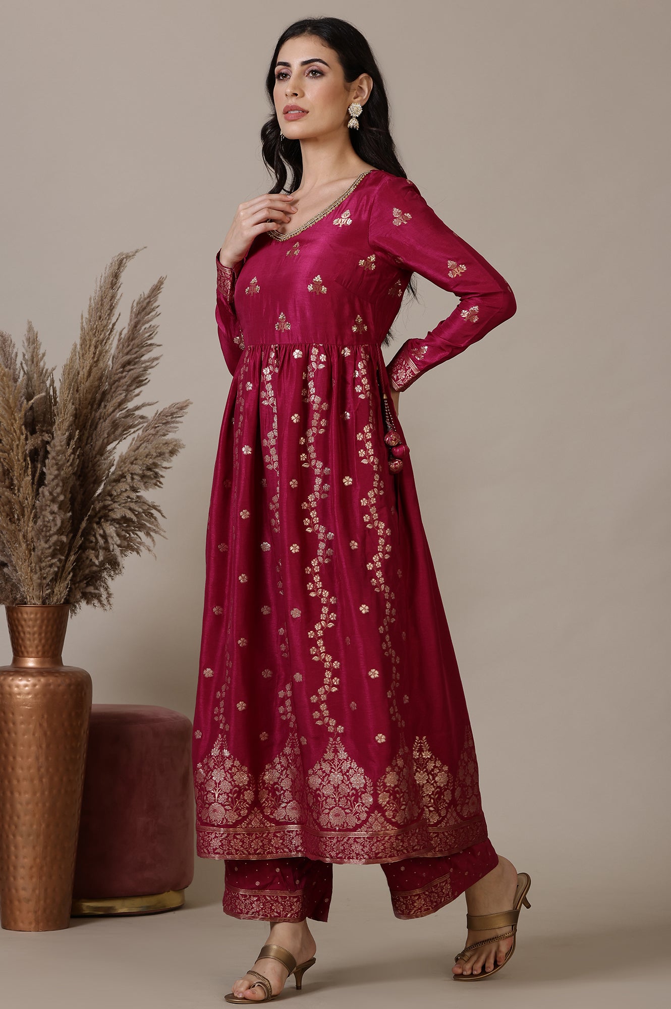 Magenta Pink Naira Cut Embellished Jacquard A-line Kurta, Palazzo and Dupatta Set