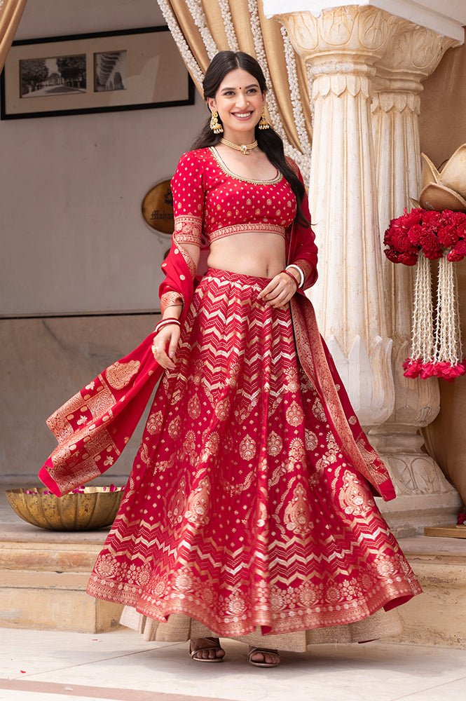 Hot Pink Zari Embellished Crop Top, Brocade Flared Skirt and Dupatta Set