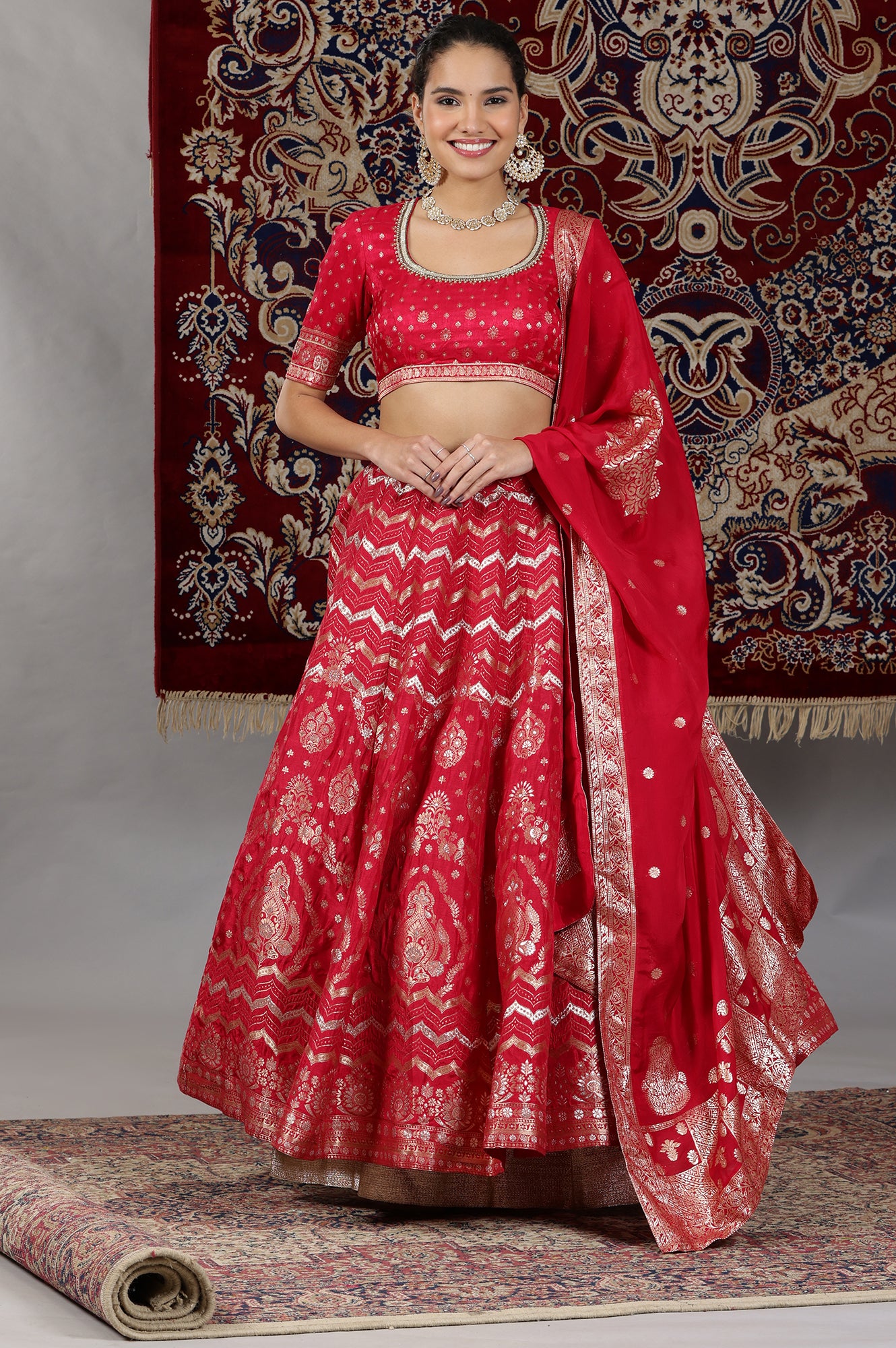 Hot-Pink-Zari-Embellished-Crop-Top,-Brocade-Flared-Skirt-and-Dupatta-Set