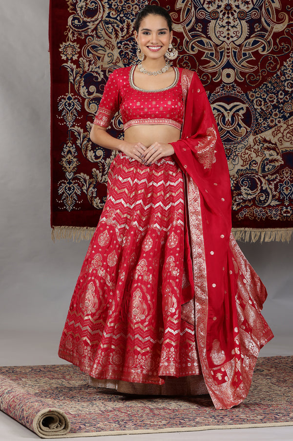 Hot Pink Zari Embellished Crop Top, Brocade Flared Skirt and Dupatta Set