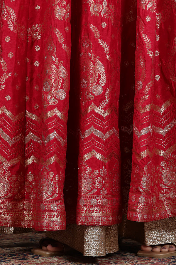 Hot Pink Zari Embellished Crop Top, Brocade Flared Skirt and Dupatta Set