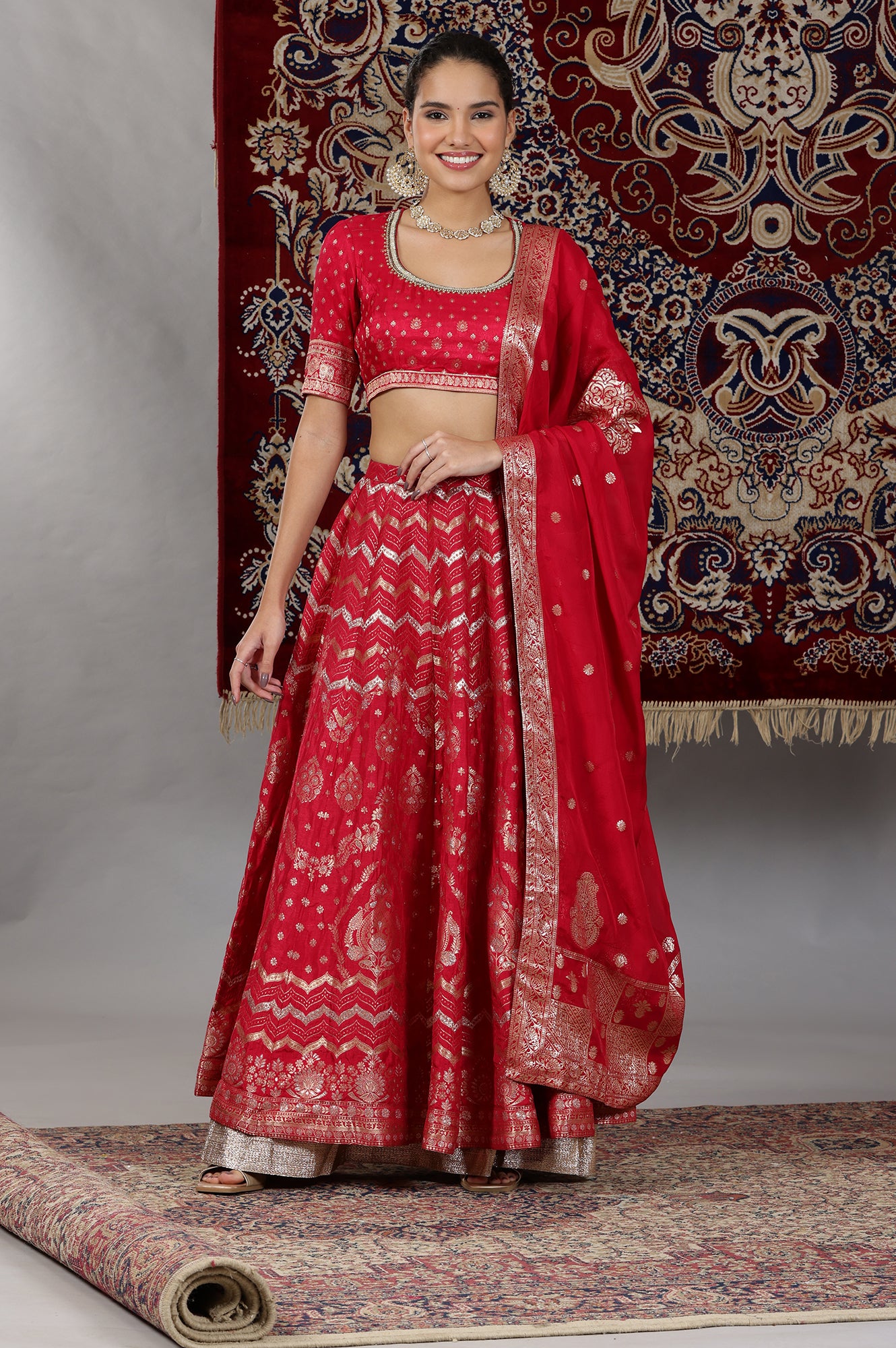 Hot-Pink-Zari-Embellished-Crop-Top,-Brocade-Flared-Skirt-and-Dupatta-Set