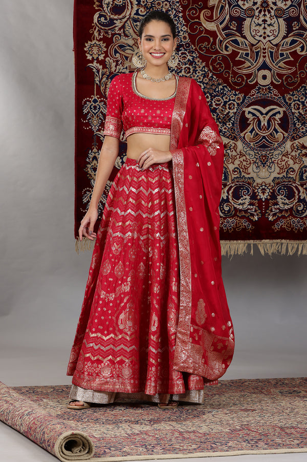 Hot Pink Zari Embellished Crop Top, Brocade Flared Skirt and Dupatta Set