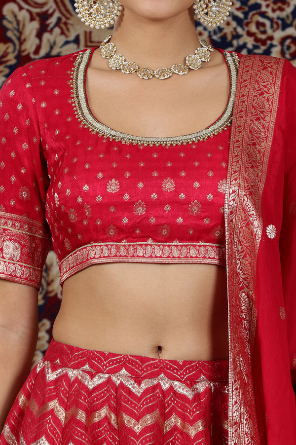 Hot Pink Zari Embellished Crop Top, Brocade Flared Skirt and Dupatta Set