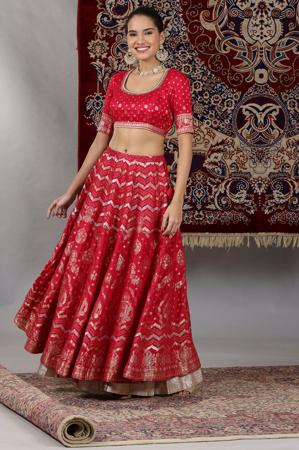 Hot Pink Zari Embellished Crop Top, Brocade Flared Skirt and Dupatta Set