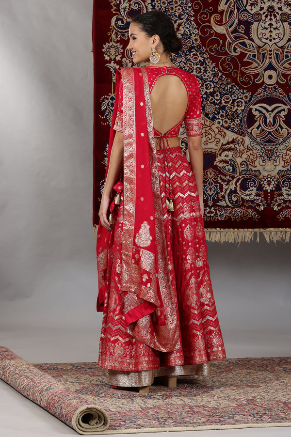 Hot Pink Zari Embellished Crop Top, Brocade Flared Skirt and Dupatta Set