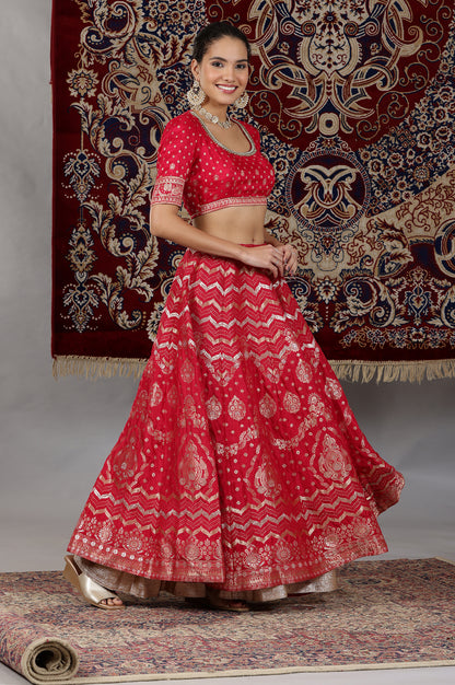 Hot-Pink-Zari-Embellished-Crop-Top,-Brocade-Flared-Skirt-and-Dupatta-Set