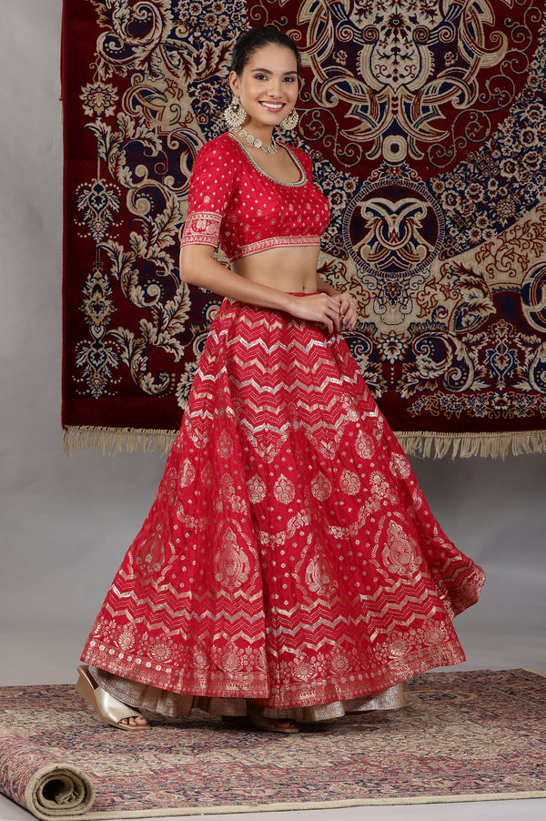 Hot Pink Zari Embellished Crop Top, Brocade Flared Skirt and Dupatta Set