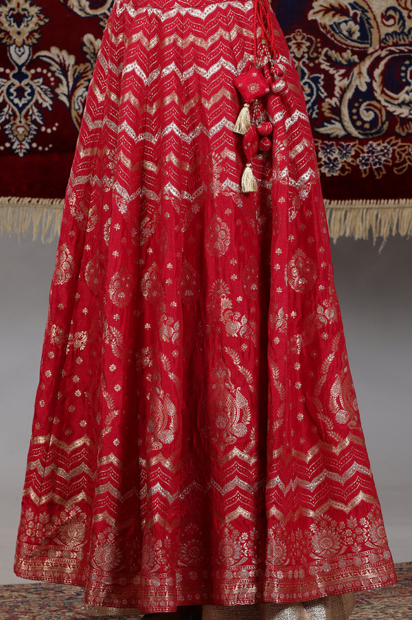 Hot Pink Zari Embellished Crop Top, Brocade Flared Skirt and Dupatta Set