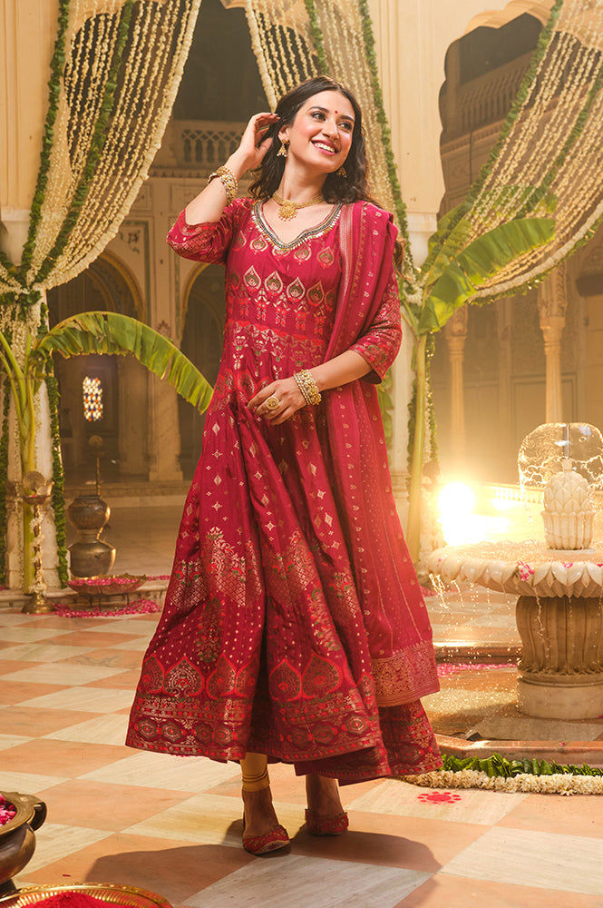 Pink Yarn Dyed Embellished Brocade Anarkali Dress and Dupatta Set