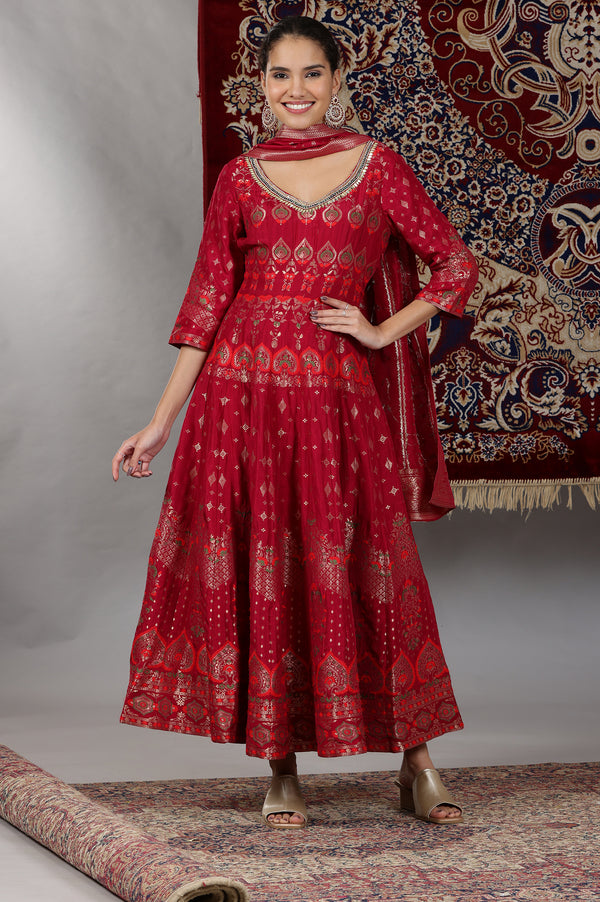 Pink Yarn Dyed Embellished Brocade Anarkali Dress and Dupatta Set