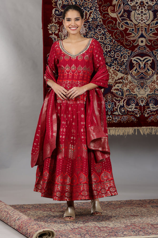 Pink Yarn Dyed Embellished Brocade Anarkali Dress and Dupatta Set