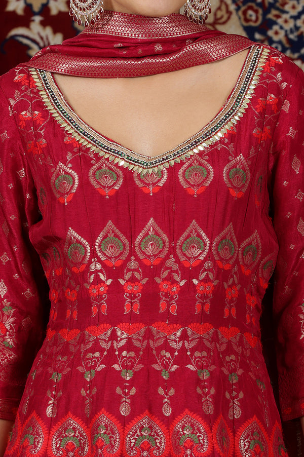 Pink Yarn Dyed Embellished Brocade Anarkali Dress and Dupatta Set