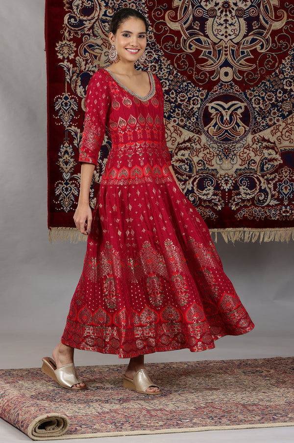 Pink Yarn Dyed Embellished Brocade Anarkali Dress and Dupatta Set