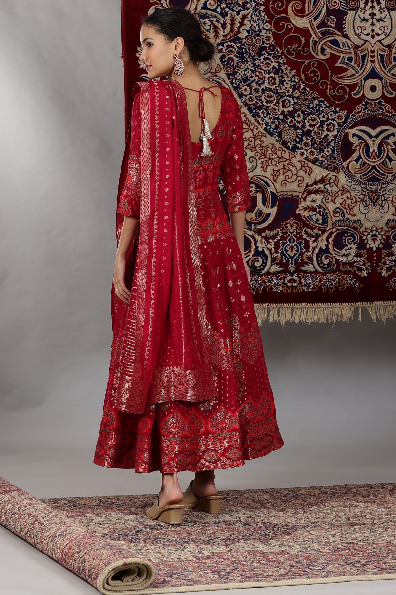 Made to Measure Bright Pink Woven Anarkali Set with Contrast Banarasi Dupatta main image 0