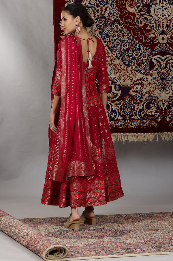 Pink Yarn Dyed Embellished Brocade Anarkali Dress and Dupatta Set