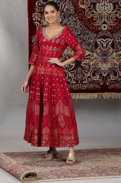 Pink-Yarn-Dyed-Embellished-Brocade-Anarkali-Dress-and-Dupatta-Set