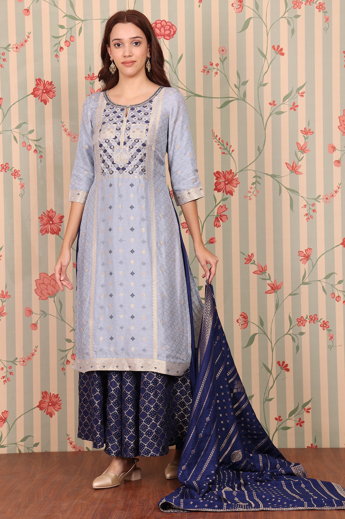 Blue Yarn Dyed Zari Embroidered Kurta, Palazzo and Dupatta Set - S