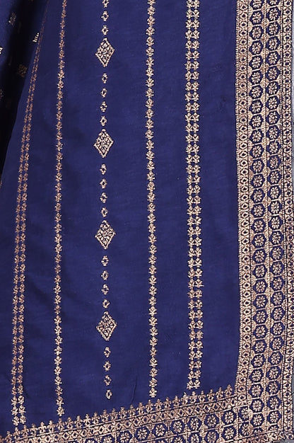 Blue-Yarn-Dyed-Zari-Embroidered-Kurta,-Palazzo-and-Dupatta-Set