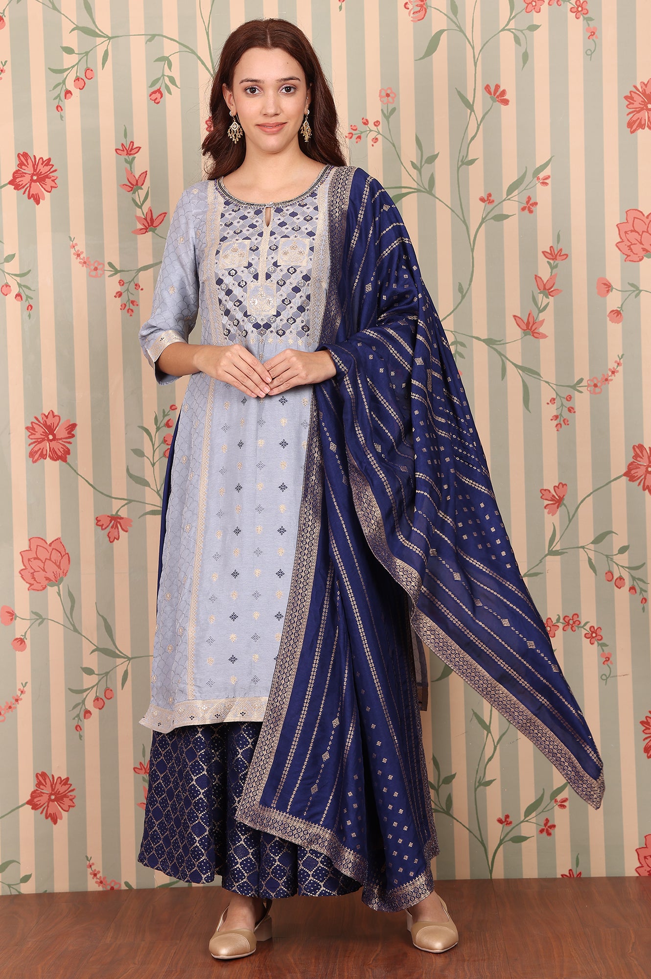 Blue-Yarn-Dyed-Zari-Embroidered-Kurta,-Palazzo-and-Dupatta-Set