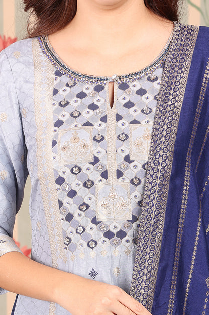 Blue-Yarn-Dyed-Zari-Embroidered-Kurta,-Palazzo-and-Dupatta-Set