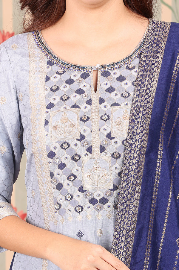 Blue Yarn Dyed Zari Embroidered Kurta, Palazzo and Dupatta Set