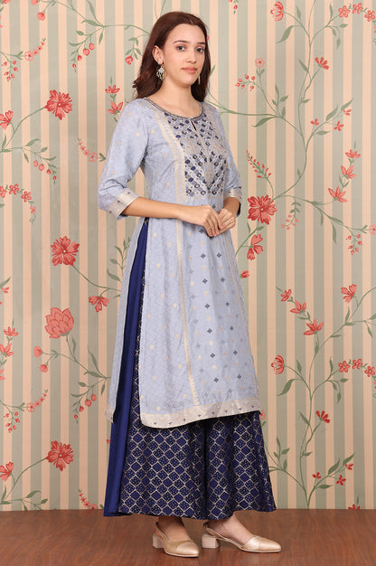 Blue-Yarn-Dyed-Zari-Embroidered-Kurta,-Palazzo-and-Dupatta-Set