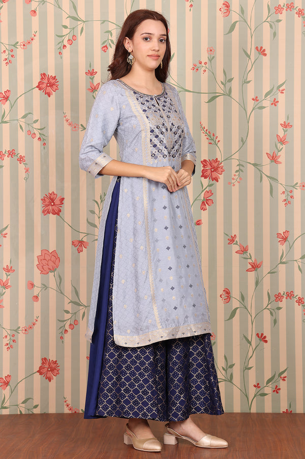 Blue Yarn Dyed Zari Embroidered Kurta, Palazzo and Dupatta Set