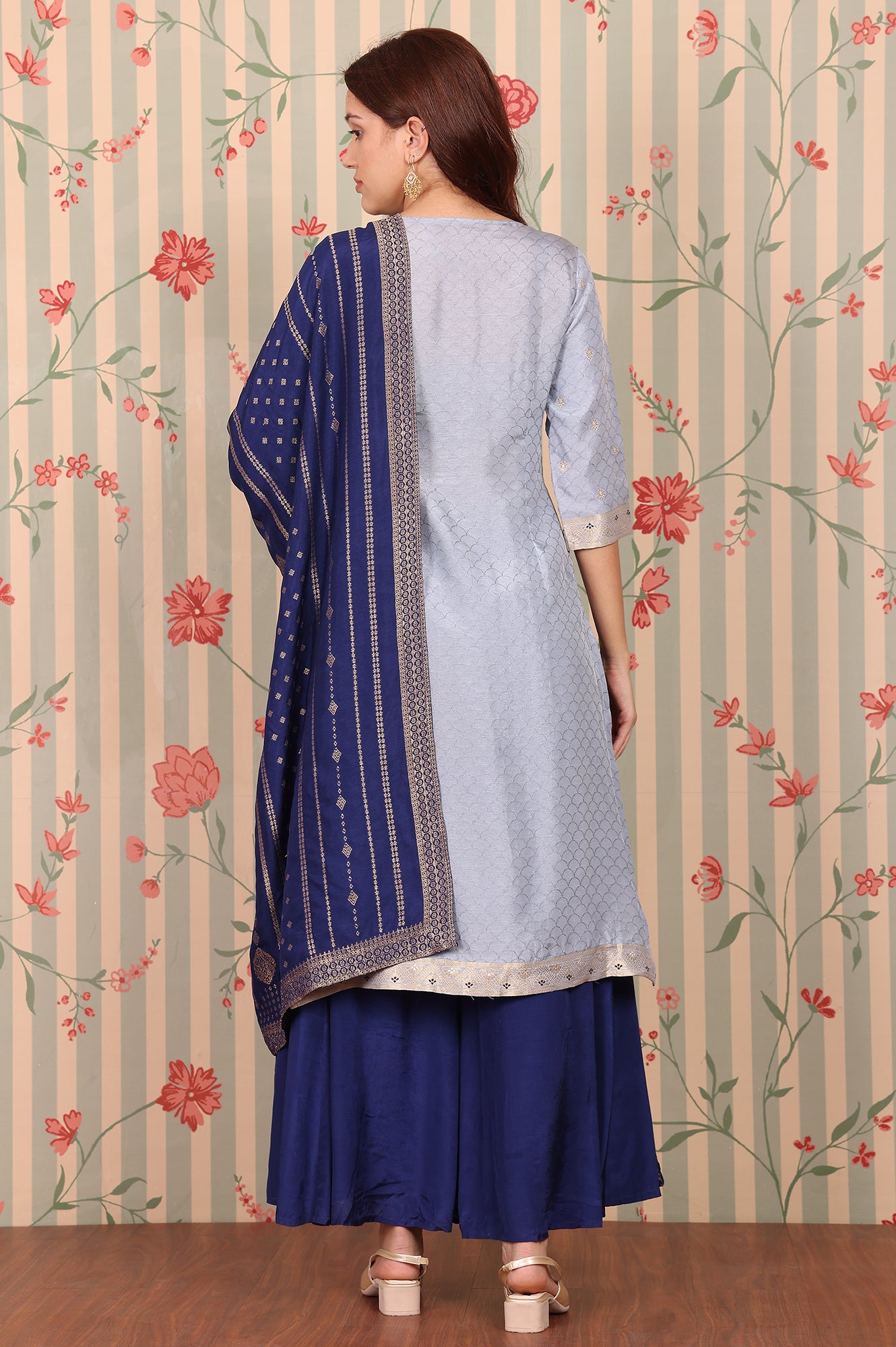 Blue-Yarn-Dyed-Zari-Embroidered-Kurta,-Palazzo-and-Dupatta-Set