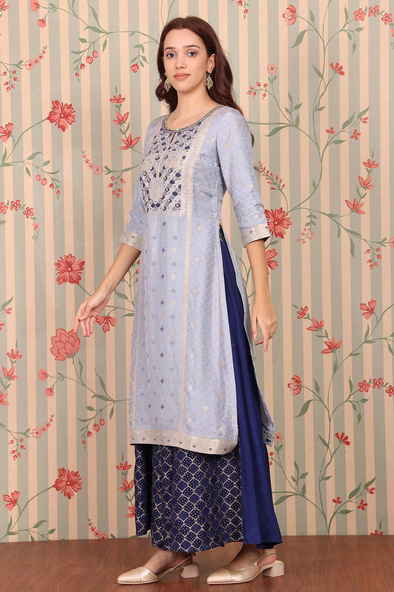 Blue-Yarn-Dyed-Zari-Embroidered-Kurta,-Palazzo-and-Dupatta-Set