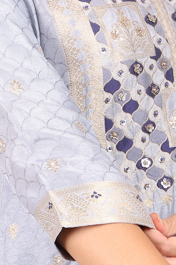 Blue Yarn Dyed Zari Embroidered Kurta, Palazzo and Dupatta Set