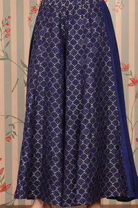 Blue-Yarn-Dyed-Zari-Embroidered-Kurta,-Palazzo-and-Dupatta-Set