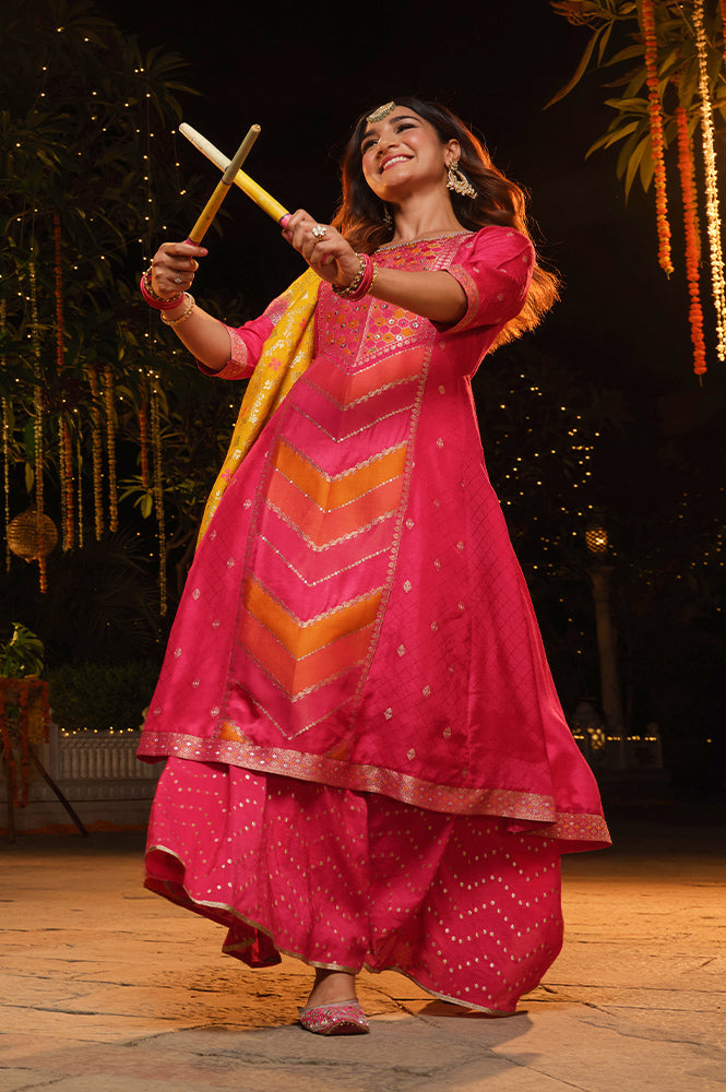 Pink Yarn Dyed Zari Embroidered Anarkali Kurta, Flared Palazzo and Dupatta Set