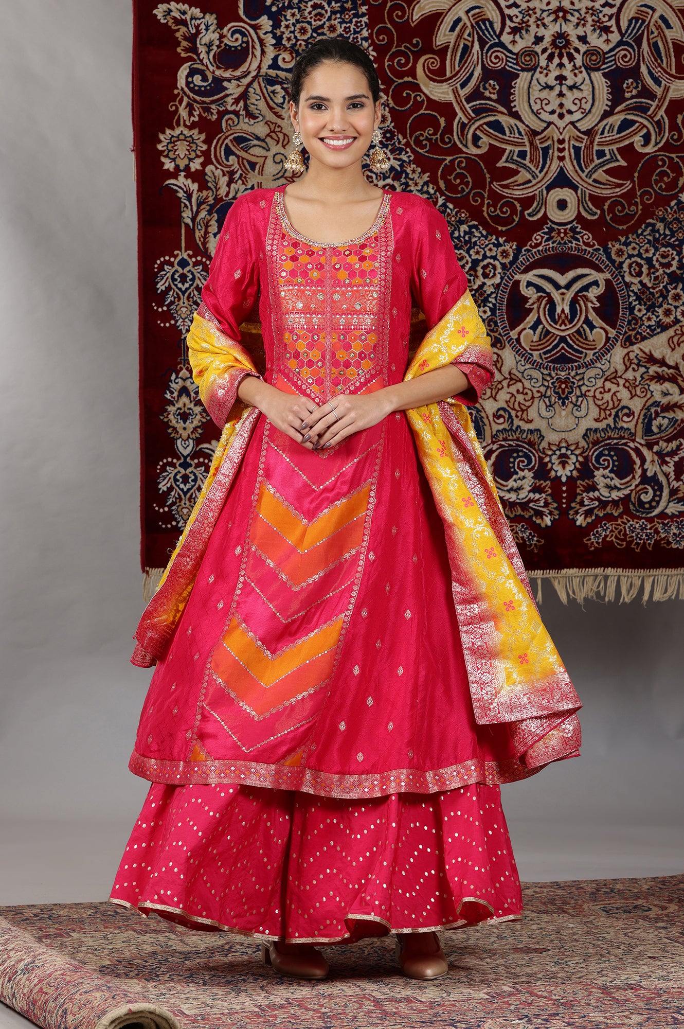 Pink-Yarn-Dyed-Zari-Embroidered-Anarkali-Kurta,-Flared-Palazzo-and-Dupatta-Set