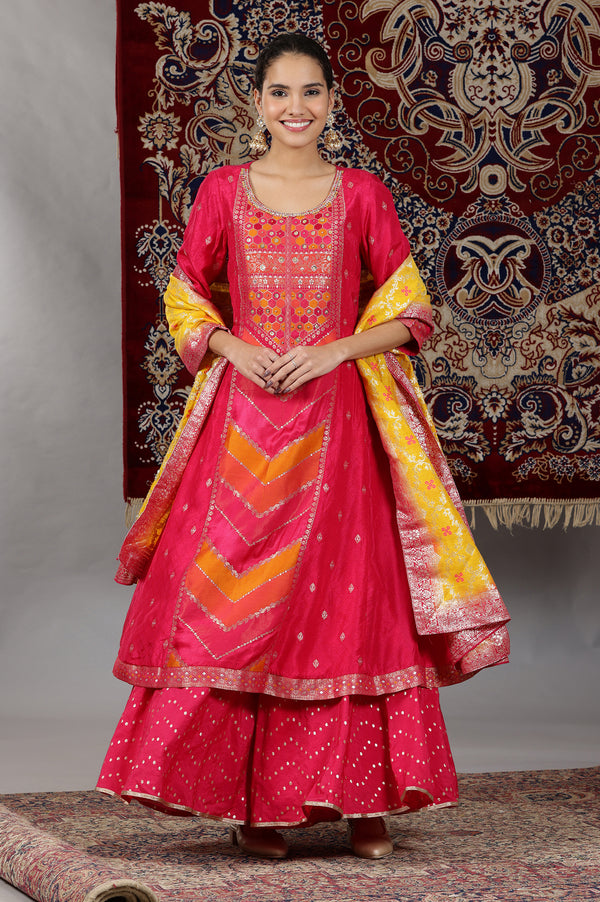 Pink Yarn Dyed Zari Embroidered Anarkali Kurta, Flared Palazzo and Dupatta Set