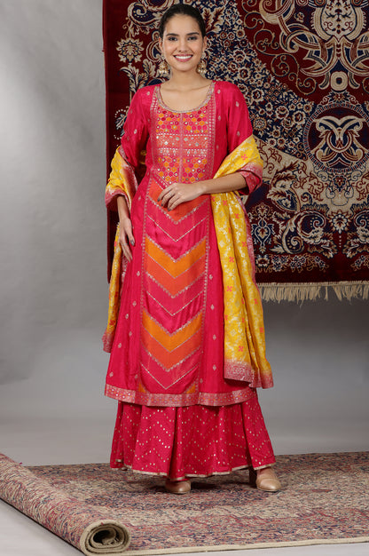 Pink-Yarn-Dyed-Zari-Embroidered-Anarkali-Kurta,-Flared-Palazzo-and-Dupatta-Set