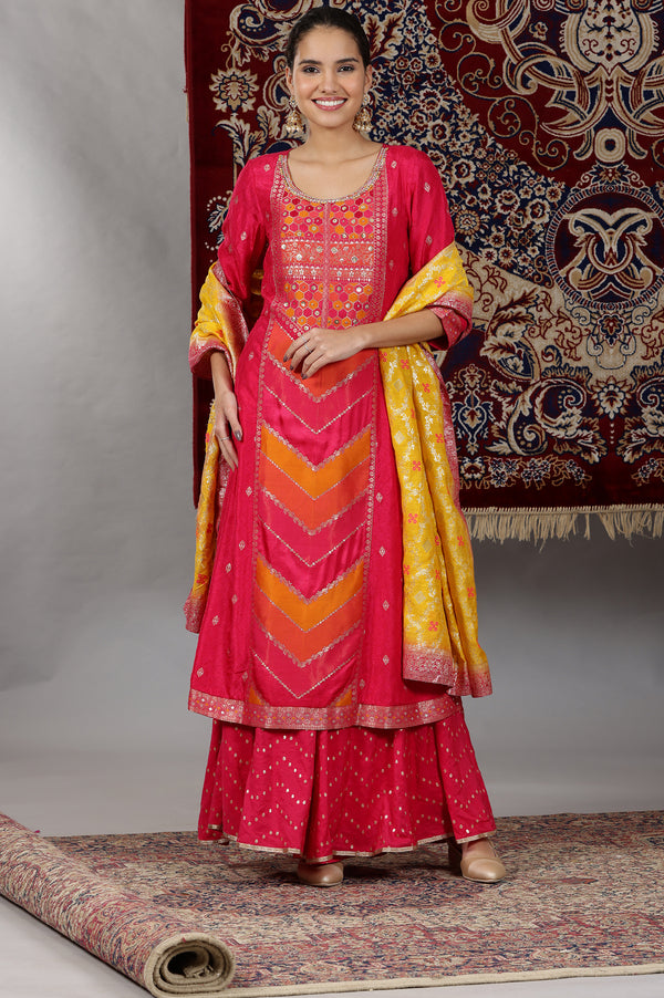 Pink Yarn Dyed Zari Embroidered Anarkali Kurta, Flared Palazzo and Dupatta Set