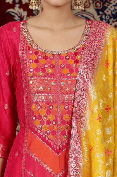 Pink Yarn Dyed Zari Embroidered Anarkali Kurta, Flared Palazzo and Dupatta Set
